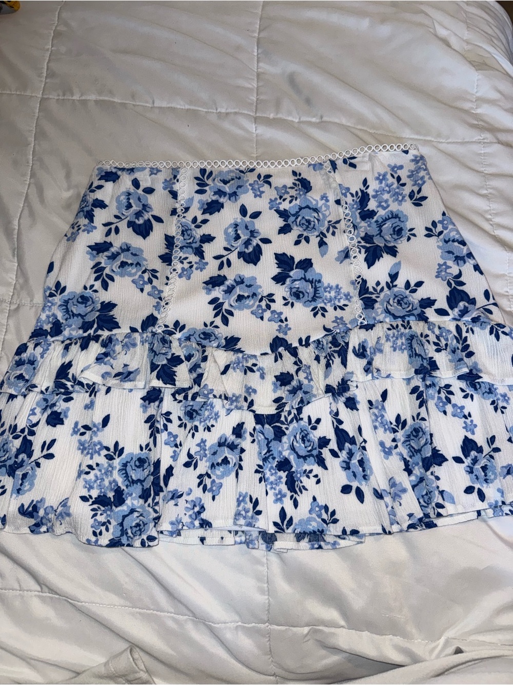 Love White Mini Skirt with Blue Floral Print